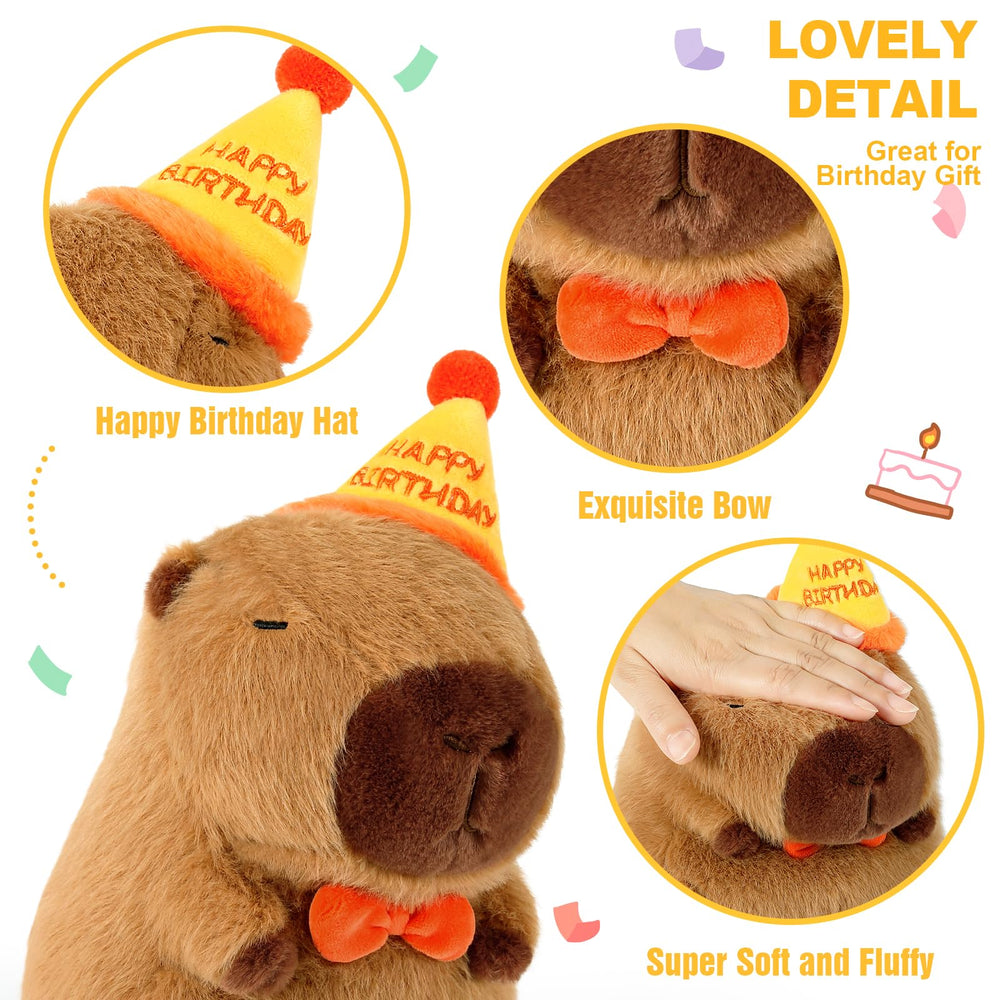 Ditucu capybara plush with birthday hat adds festive flair to celebrations.