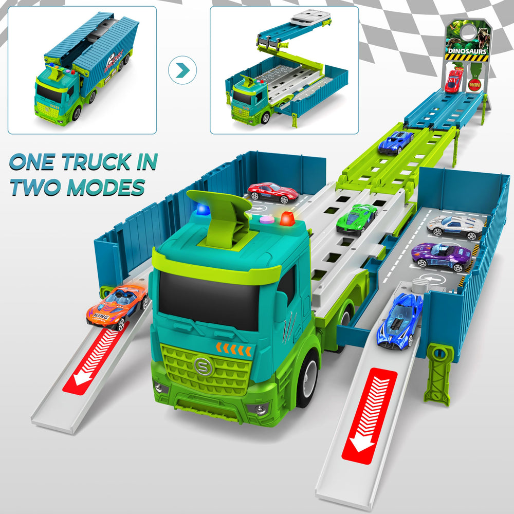 Diuerma storage compartment keeps eight cars neatly organized after play.