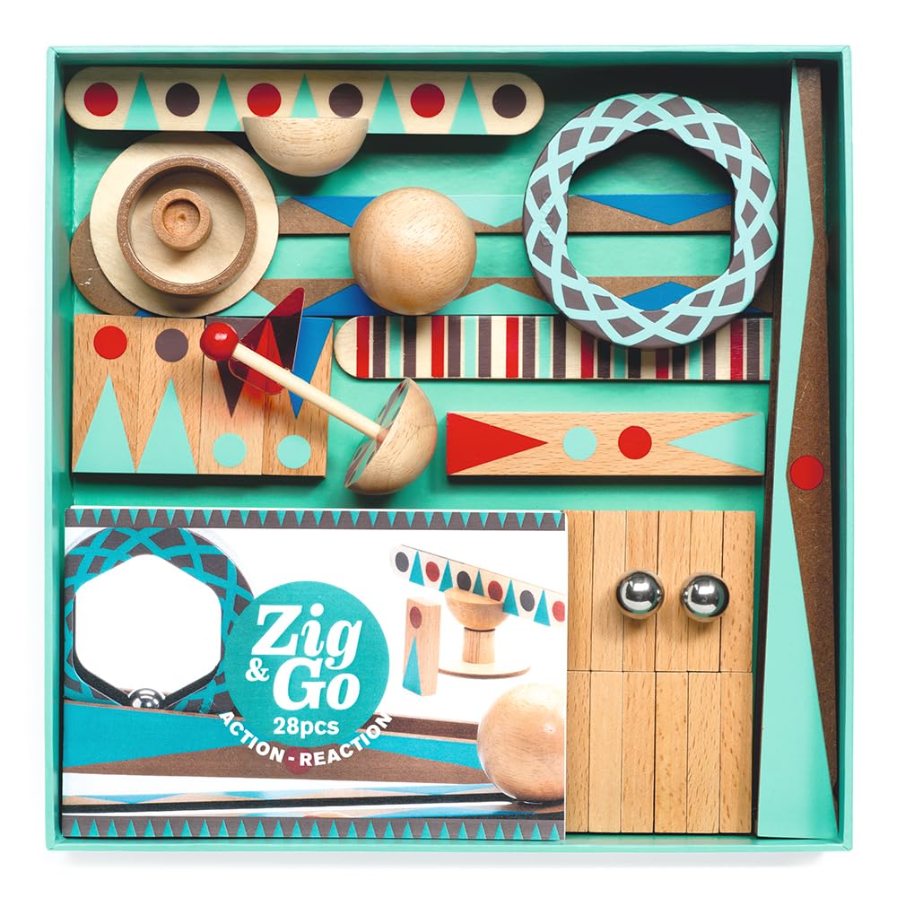 DJECO Zig & Go domino assembly detail highlighting cause-and-effect learning.
