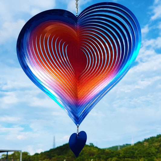 DJUAN wind spinner 12in love heart glistening in daylight for a romantic garden focal point.