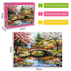 DKijoys Japanese Garden cherry trees by pond inspire mindful puzzle sessions.