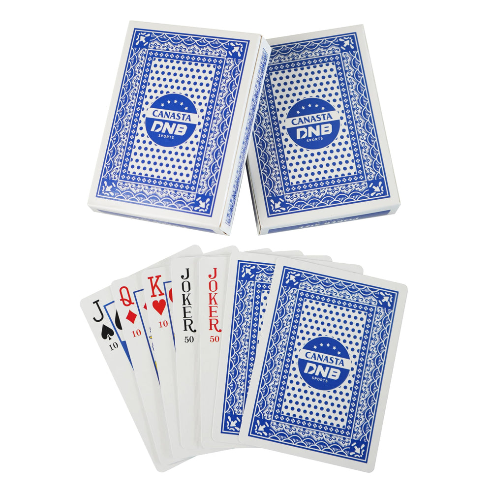 Two DNB SPORTS Canasta decks with blue backs for smooth shuffling and scoring.