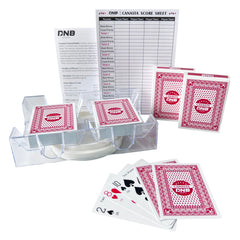 DNB Canasta with two red-backed decks for quick game-night setup.