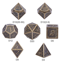 DNDND Ancient Design brass D10 dice close-up, smooth edges for reliable throws
