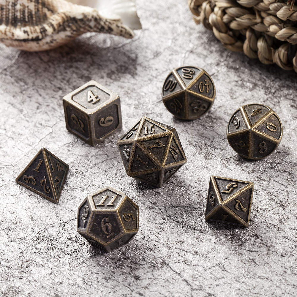 DNDND Ancient Design brass D8 dice close-up, reliable performance in campaigns