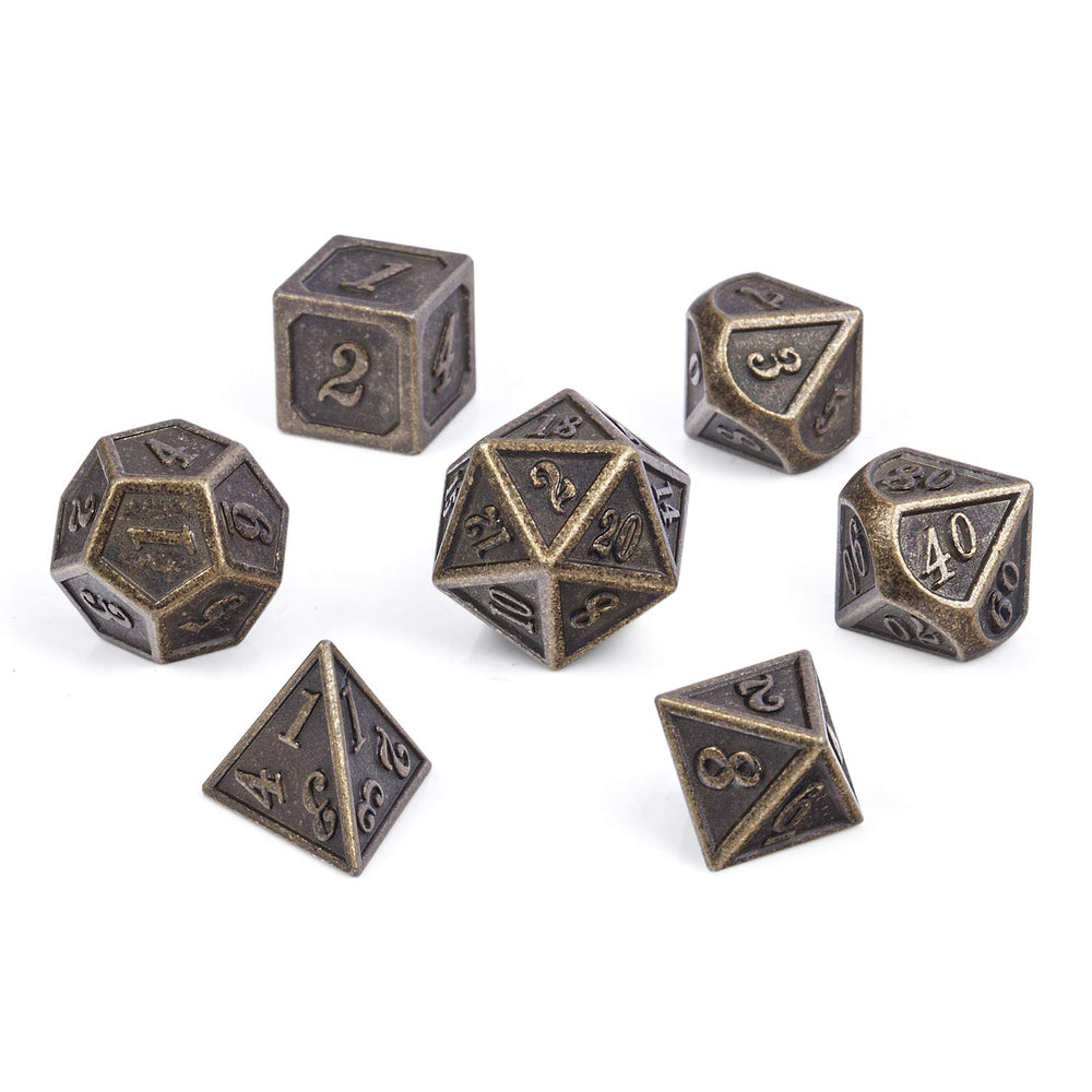 DNDND Ancient Design brass dice set in metal box, complete RPG kit