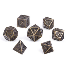DNDND Ancient Design brass dice set in metal box, complete RPG kit