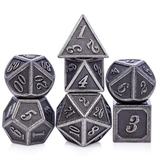 DnDnD ancient silver dice set ready for tabletop RPG sessions with premium metal build