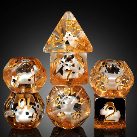 DNDND cow dice set with velvet bag for easy RPG travel.