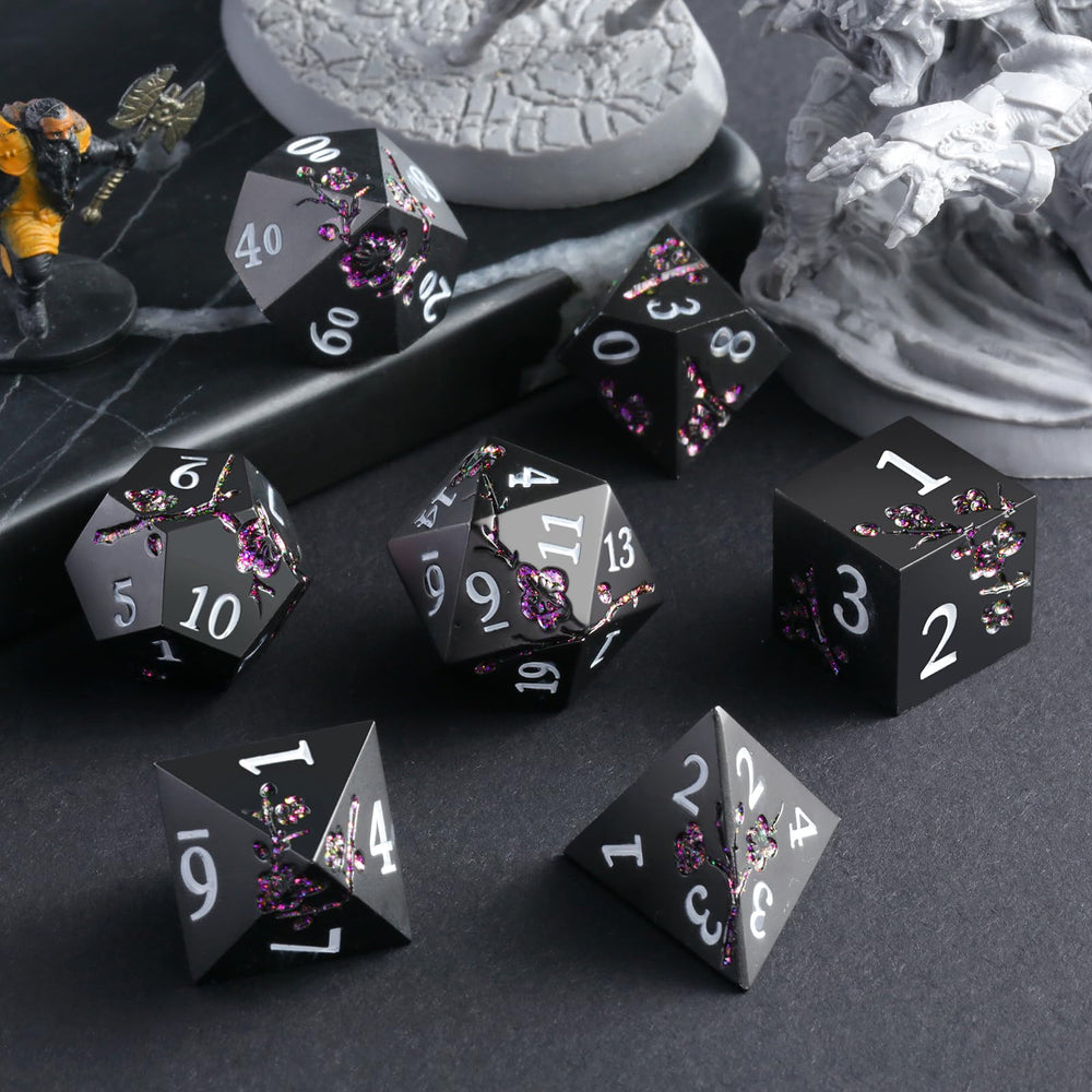DNDND D8 and D10 dice with purple flower petals; elegant on game night.