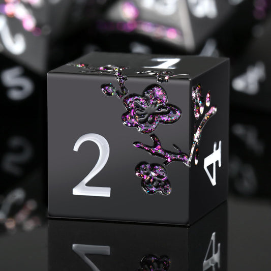 DNDND glitter purple flower dice on matte black, ideal for vibrant table RPG moments.
