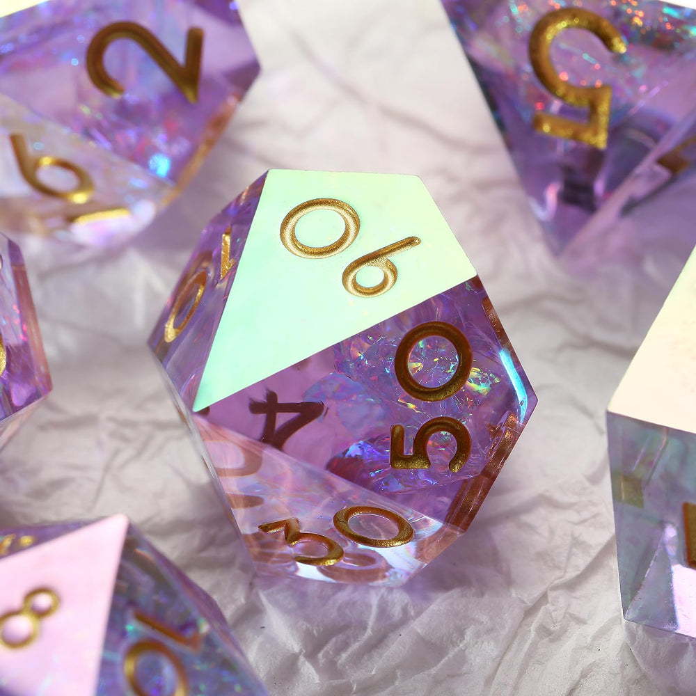 DNDND iridescent lilac sharp D10 dice elevate tabletop aesthetics