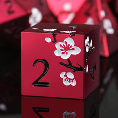 DNDND matt red flower dice set on table for standout D&D gameplay