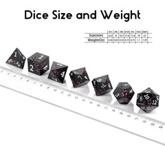 DNDND matte black dice with glitter accents stand out on the table for RPG sessions.