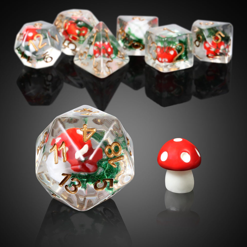 DNDND mushroom dice set closeup shows the mushroom inside detail for whimsical storytelling.