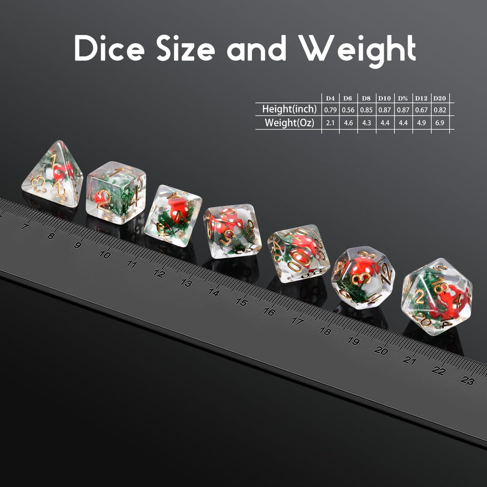 DNDND mushroom dice set includes D4, D6, D8, D10, D12, D20, D% for versatility.