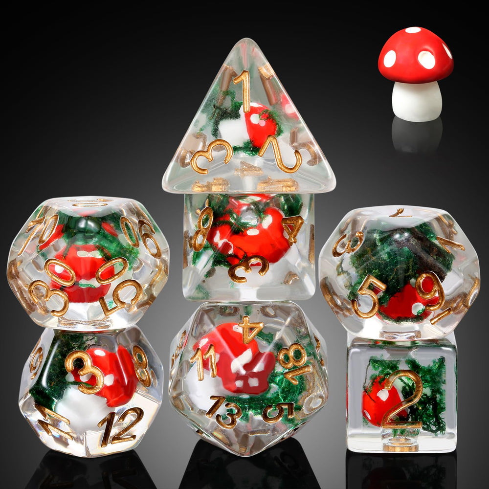 DNDND mushroom dice set viewed from the top for bold game-ready aesthetics during RPG sessions.