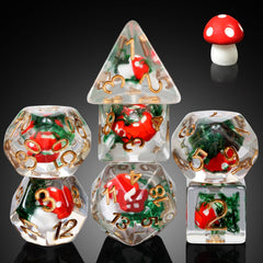 DNDND mushroom dice set viewed from the top for bold game-ready aesthetics during RPG sessions.