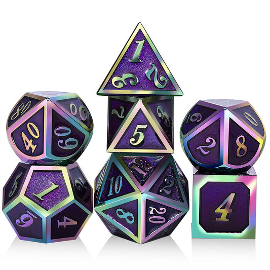 DNDND purple metal dice set with rainbow numbers on display, ideal for RPG sessions.