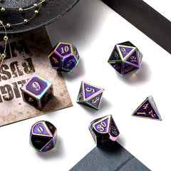 DNDND purple rainbow-detailed dice resting on a gaming mat during sessions.