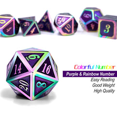 All seven dice in a polished rainbow-framed set for RPG campaigns.