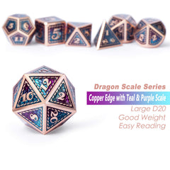 Seven-piece metal dice set including D4 to D% for adventures