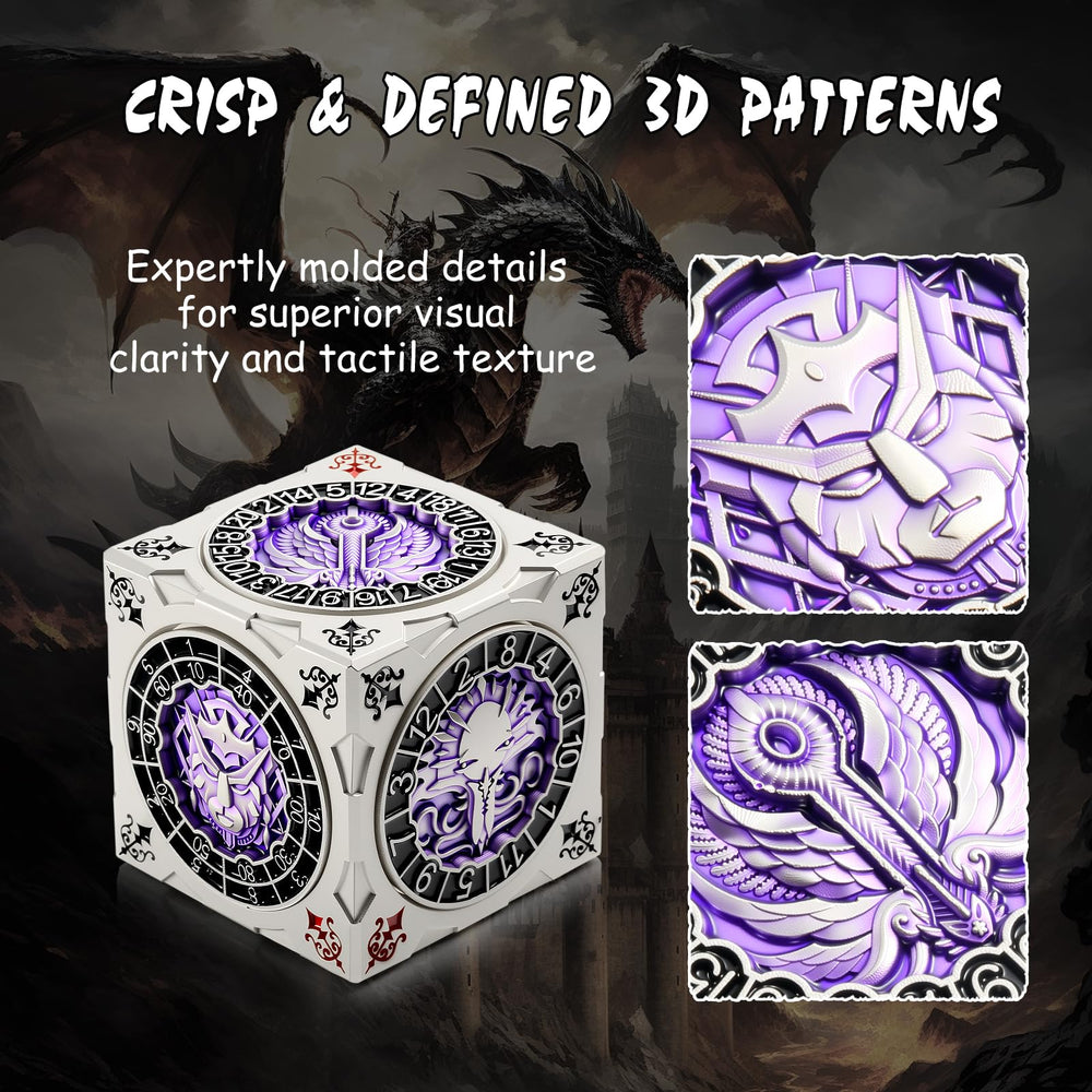 DNDND spinner dice cube Gynosphinx engraving emphasizes mystique and strategy.