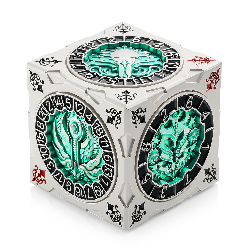 DNDND spinner dice cube in silver-green finish ideal for striking tabletop play
