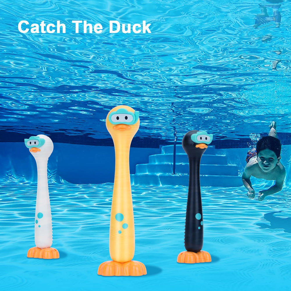 DOADW underwater duck toy stands upright on the pool bottom for easy retrieval.