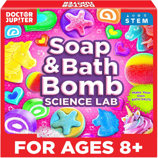 Doctor Jupiter soap and bath bomb lab kit cover, inspiring hands-on science fun during bath time.