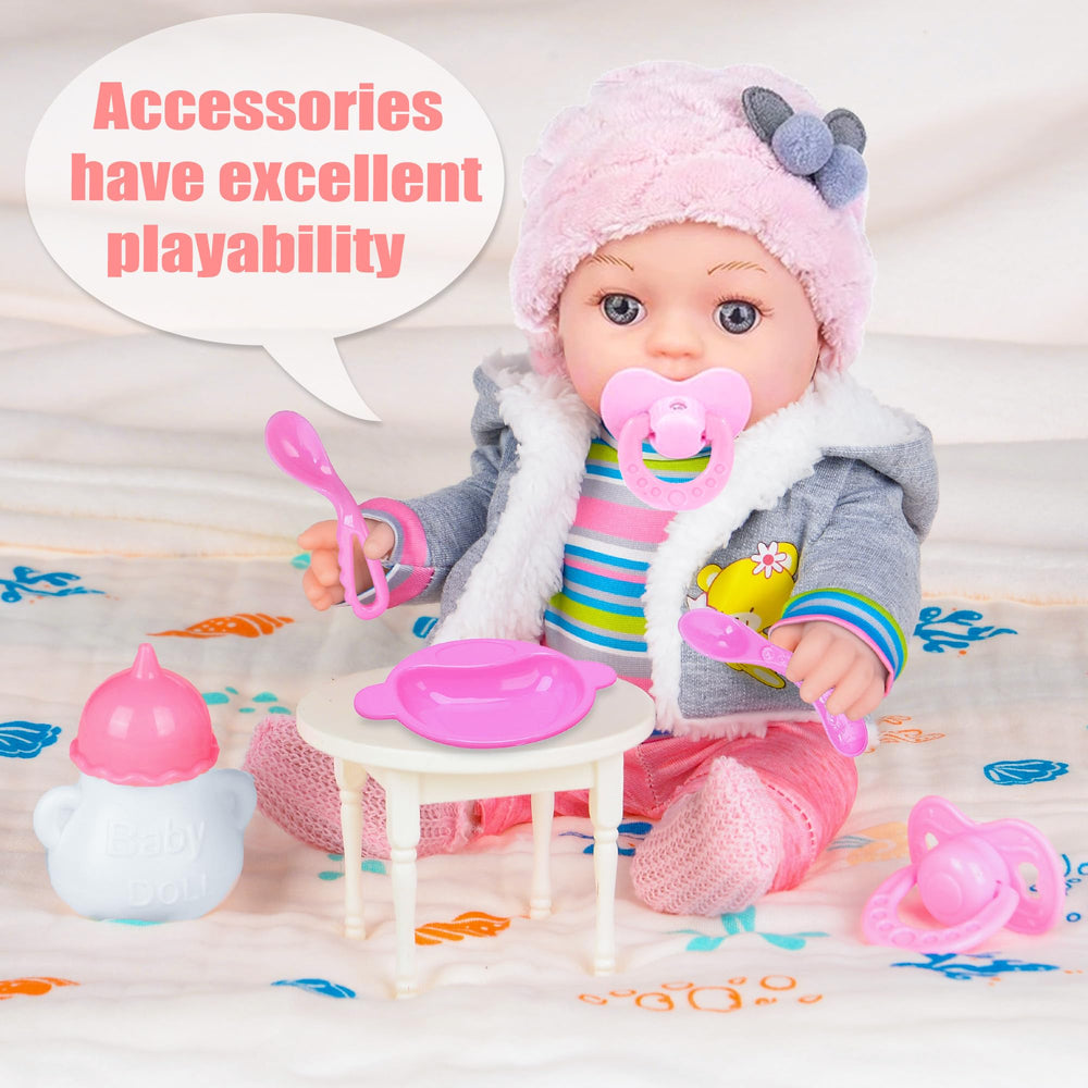 Dollbie 12-inch feeding set with bowl and spoons supports nurturing routines.
