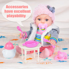 Dollbie 12-inch feeding set with bowl and spoons supports nurturing routines.