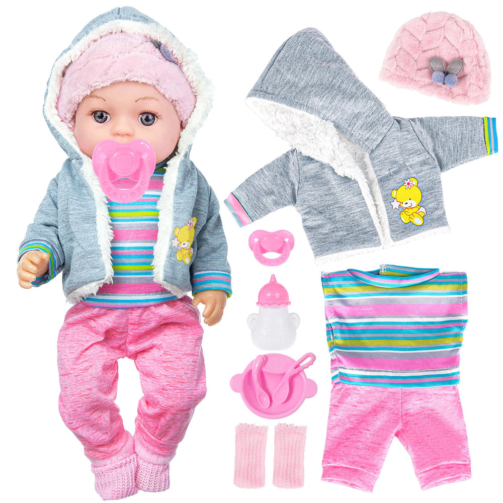 Dollbie 12-inch knitted flower hat adds cozy charm during caregiving scenes.