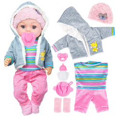 Dollbie 12-inch knitted flower hat adds cozy charm during caregiving scenes.