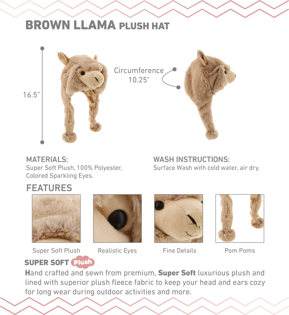 DolliBu Brown Llama plush hat side view; movable ears for extra fun.