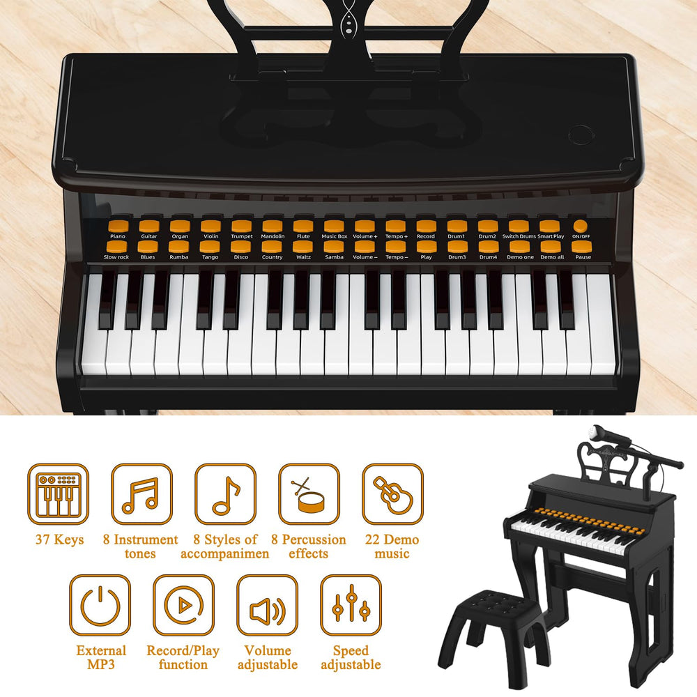 Dollox toddler piano with stool included for comfortable practice.
