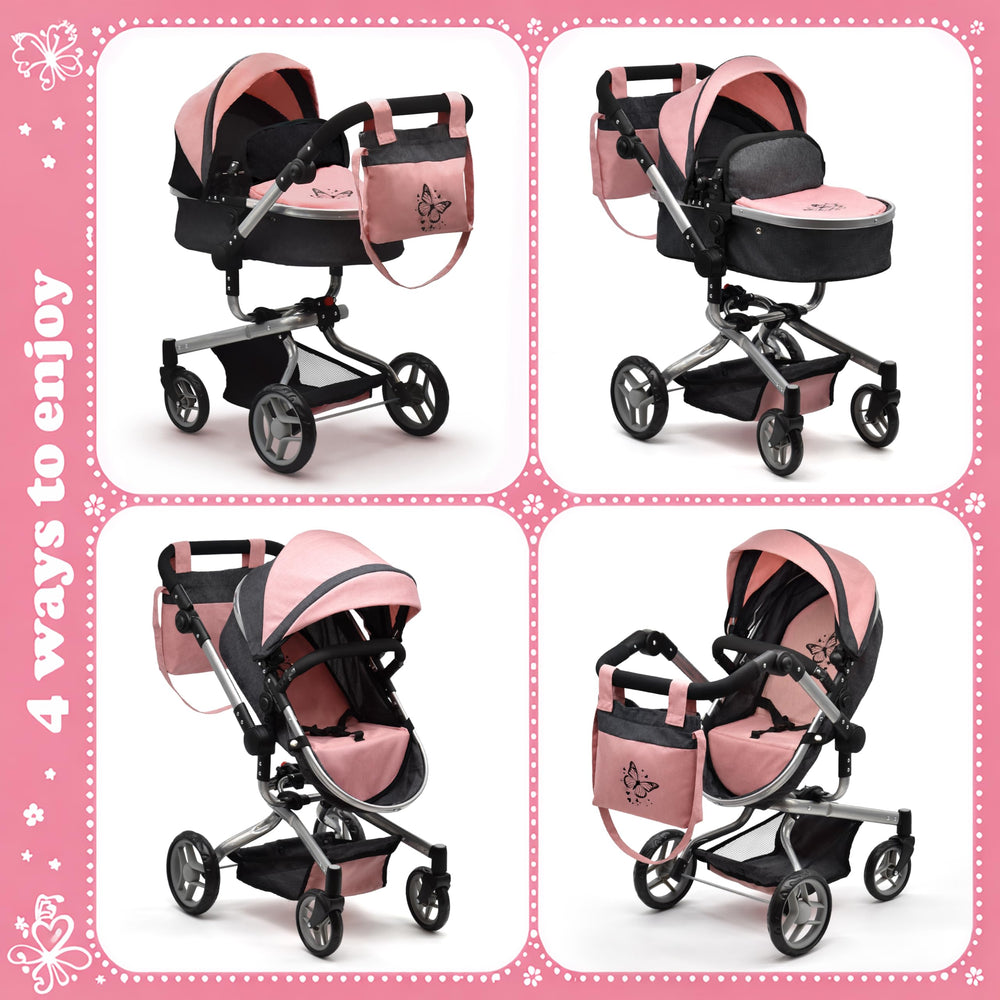 Dolls To Play butterfly bag in pink and gray stores diapers, bottles, and toys.