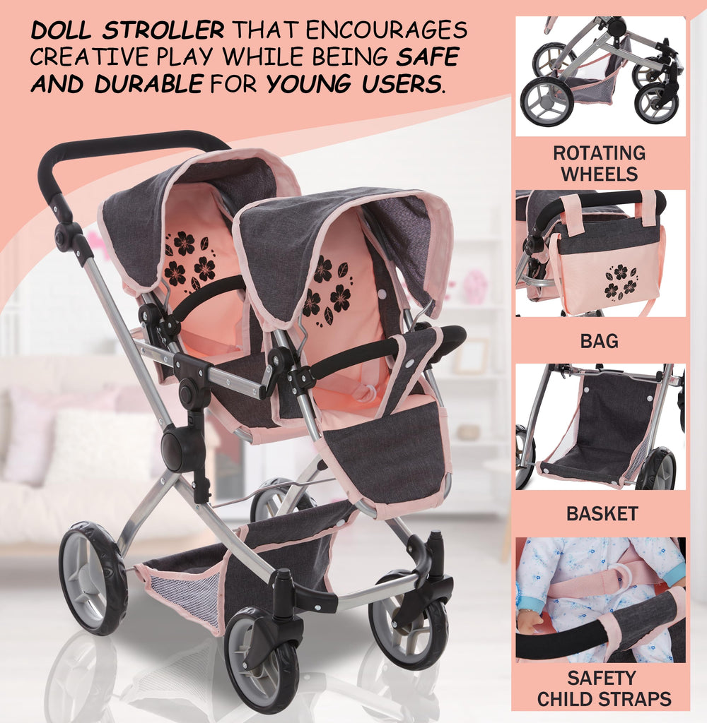 Dolls To Play forward-facing double stroller encourages active interaction during pretend outings.