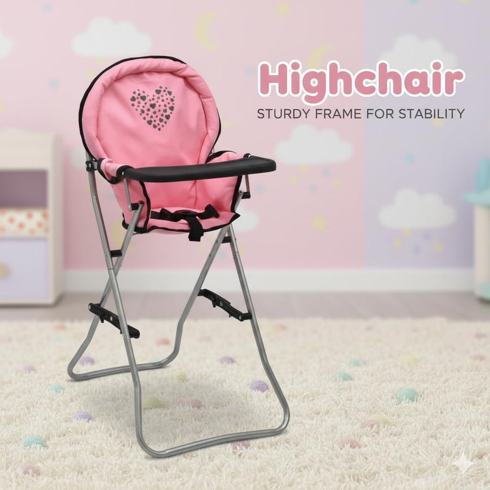 Dolls To Play high chair with pink heart seat, perfect for nurturing pretend meals.