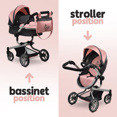 Dolls To Play pram features rotating wheels for smooth push and outdoor fun.