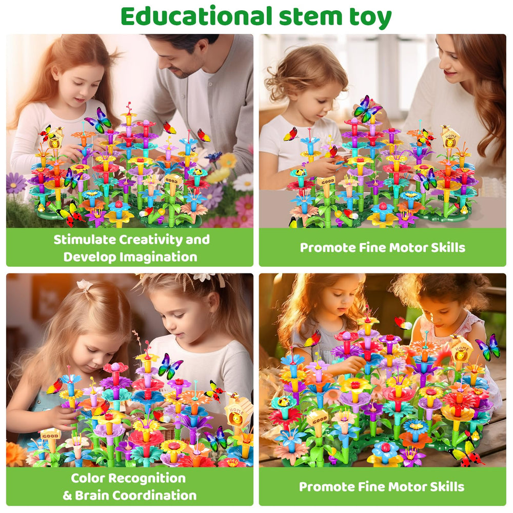 Child assembling flower stems to create a blooming garden