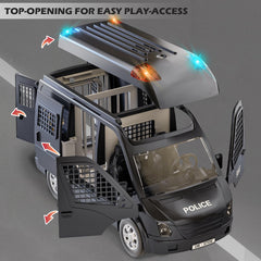 Doloowee Police Car Toy Truck interior doors open for easy accessory storage.