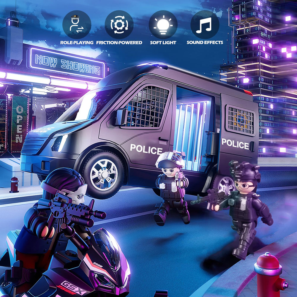 Doloowee Police Car Toy Truck includes detention cage for action storytelling.