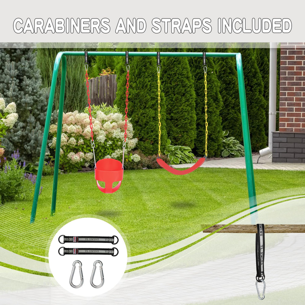 Domaker red swing in a sunny backyard ready for play