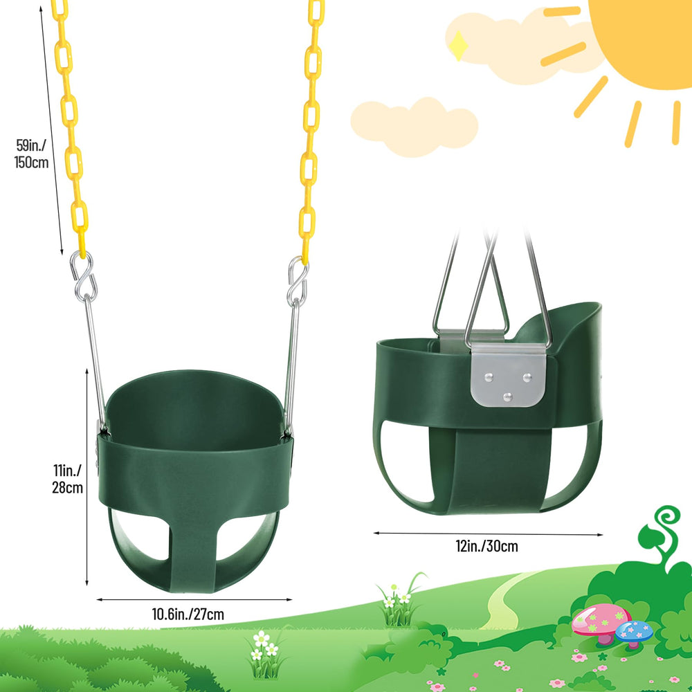 Domaker high-back bucket swing seat provides secure support during play.