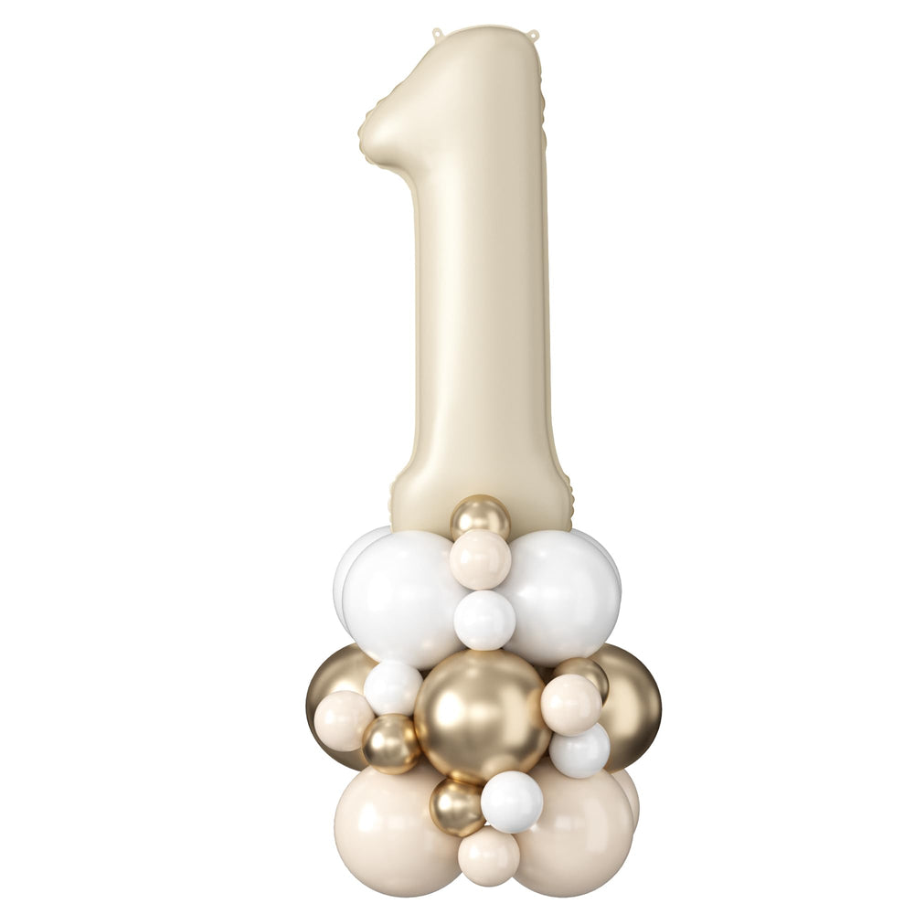 Domgoge 40-inch cream number 1 balloon tower as a bold birthday centerpiece.