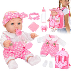 DONTNO 12-inch baby doll with backpack front view for nurturing pretend play