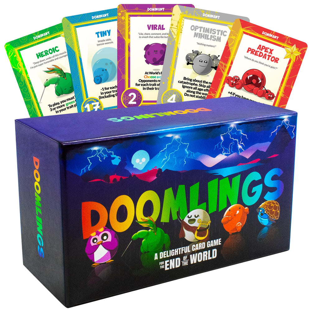 Doomlings Base Edition box front with vibrant art signaling family-friendly fun