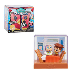 Doorables Movie Moments box setup with two glitter-eyed figurines in a diorama display.