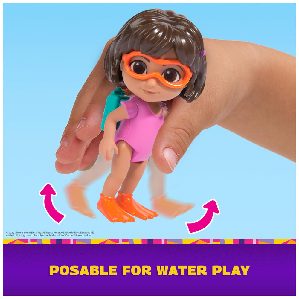 Boots goggles and green floaties support cooperative pool-time play.